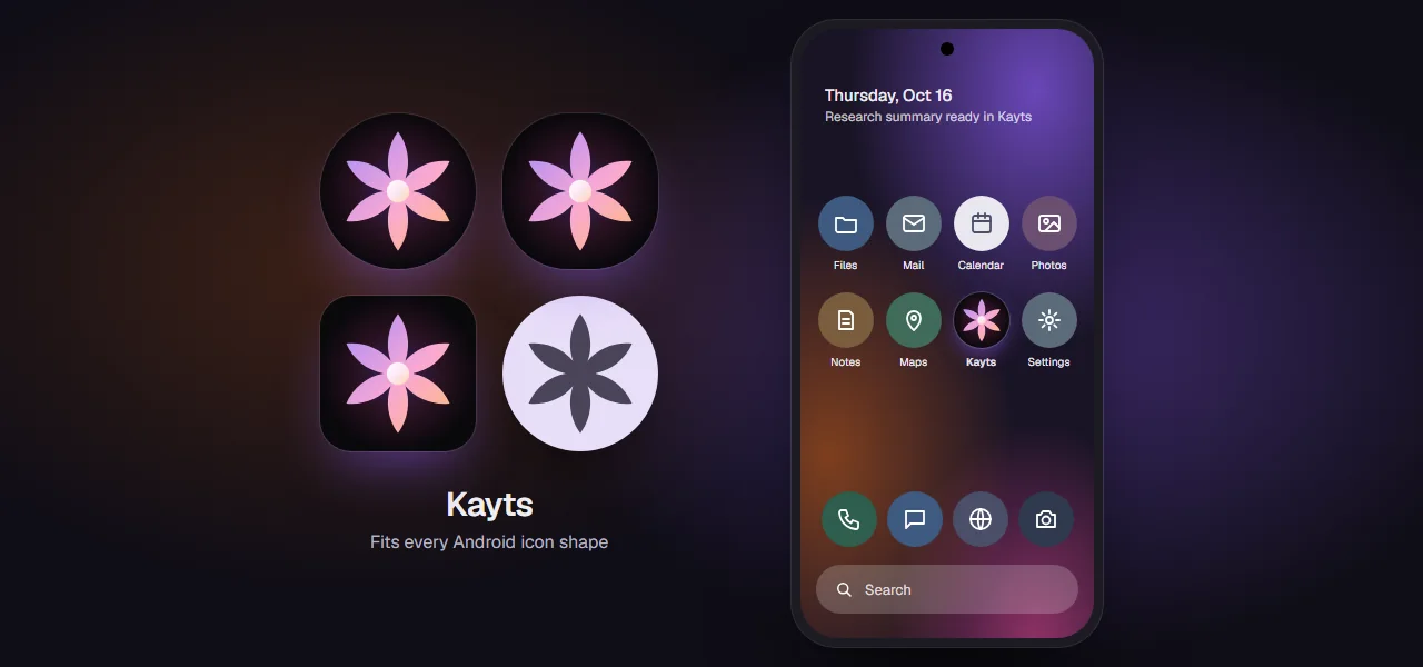 The Kayts icon in every Android icon shape, and on a home screen